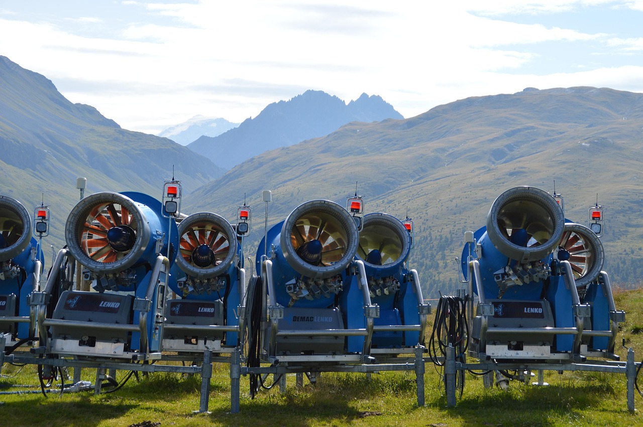 mountain, nature, travel, heaven, landscape, alps, snow, snow cannon, summer, mountains, technology, snow making system, winter sports, turbine, snowmaking, artificial snow making