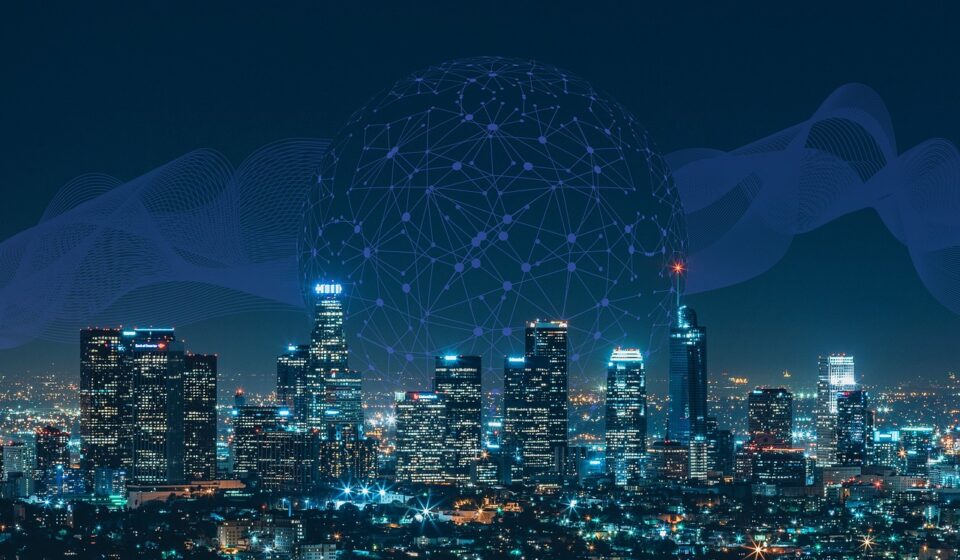 skyscrapers, skyline, city, communication, network, night, abstract, technology, waves, information, connection, internet, data, business, modern, smart, future, network, network, network, internet, data, data, data, data, data, future, future, future, future