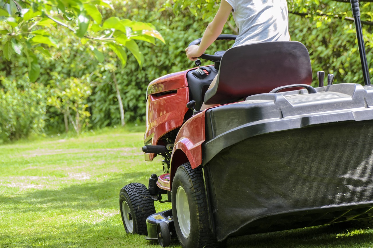 mowing the grass, nature, gardening, lawn, garden, care, lawnmower, tractor, woman mowing, green, summer, relaxation, automation, machine, garden accessories, hobby, grass