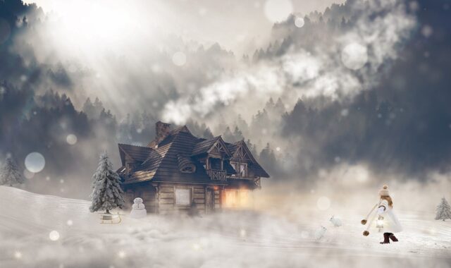 snow, cottage, winter, girl, winter clothes, winter clothing, cabin, wooden house, snowfalls, nature, snowy, blizzard, snowing, conifers, coniferous, conifer forest, wintry, winter magic, mood, forest, house, illuminated, hut, forest lodge, fog, log cabin, fantasy, fantasy picture