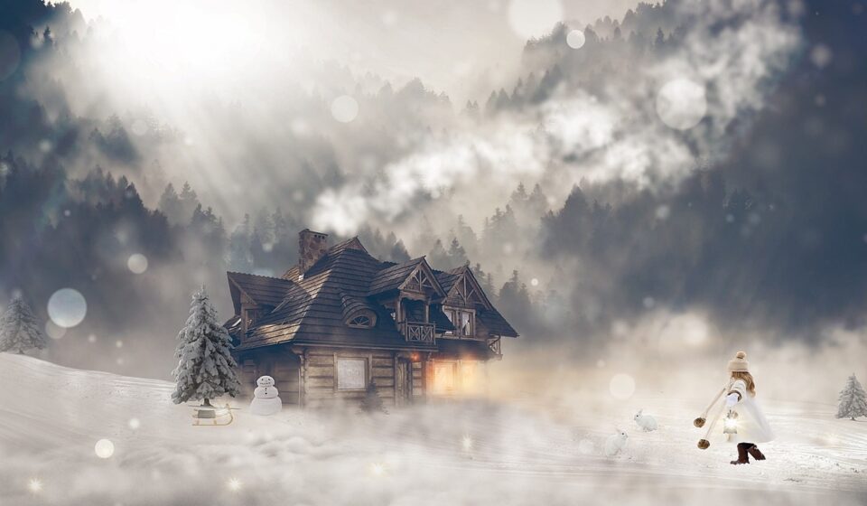 snow, cottage, winter, girl, winter clothes, winter clothing, cabin, wooden house, snowfalls, nature, snowy, blizzard, snowing, conifers, coniferous, conifer forest, wintry, winter magic, mood, forest, house, illuminated, hut, forest lodge, fog, log cabin, fantasy, fantasy picture