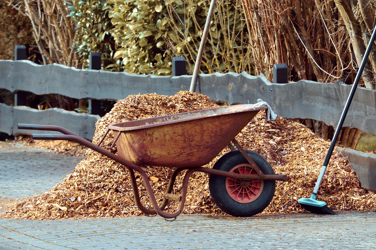 gardening, wheelbarrows, broom, mulch, bark mulch, garden, tool, working device, nature, garden tools, equipment, winter, clean, clean up, landscaping, tools, work, maintenance, court