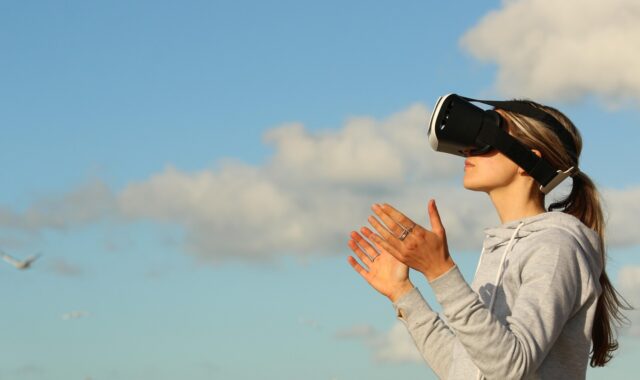 woman, virtual reality, game, nature, clouds, metaverse, ar, augmented reality, female, girl, outdoors, person, side view, sky, open arms