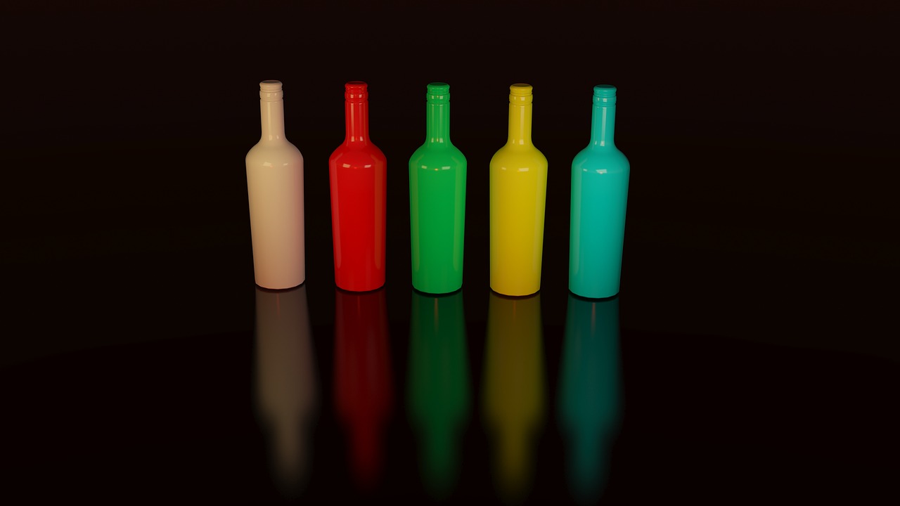 colorful, bottles, container, display, design, reflection, art, black bottle