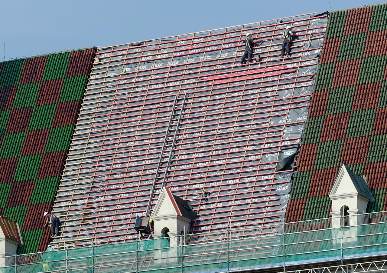 building, roof, scaffolding, men, workers, repairing, mounting, tiles, architecture, historical, urban