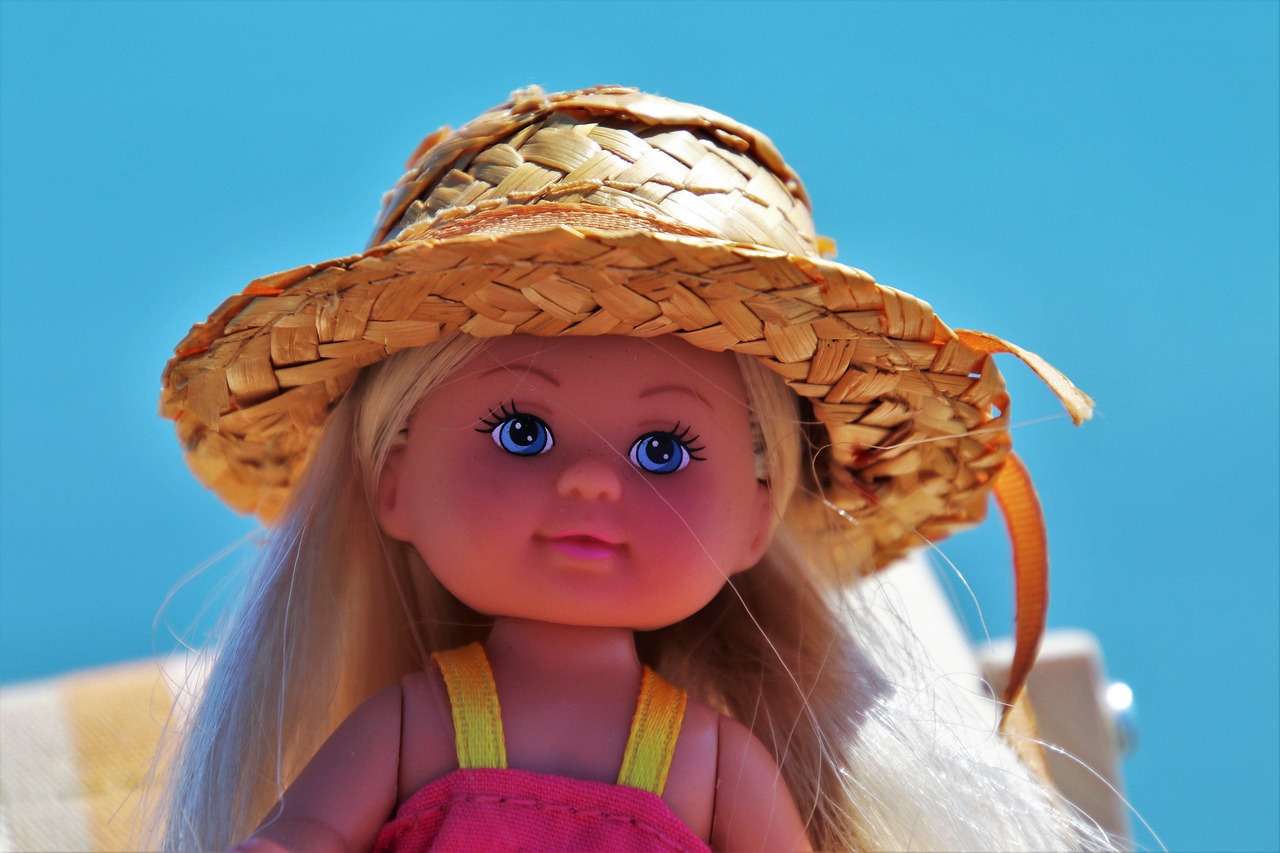 doll, face, hat, portrait, charming, colorful, summer, funny, pretty, eyes, relaxation, holiday, hair, look, nature, a smile, model, blue sky, toys for children, blue eyes, baby doll