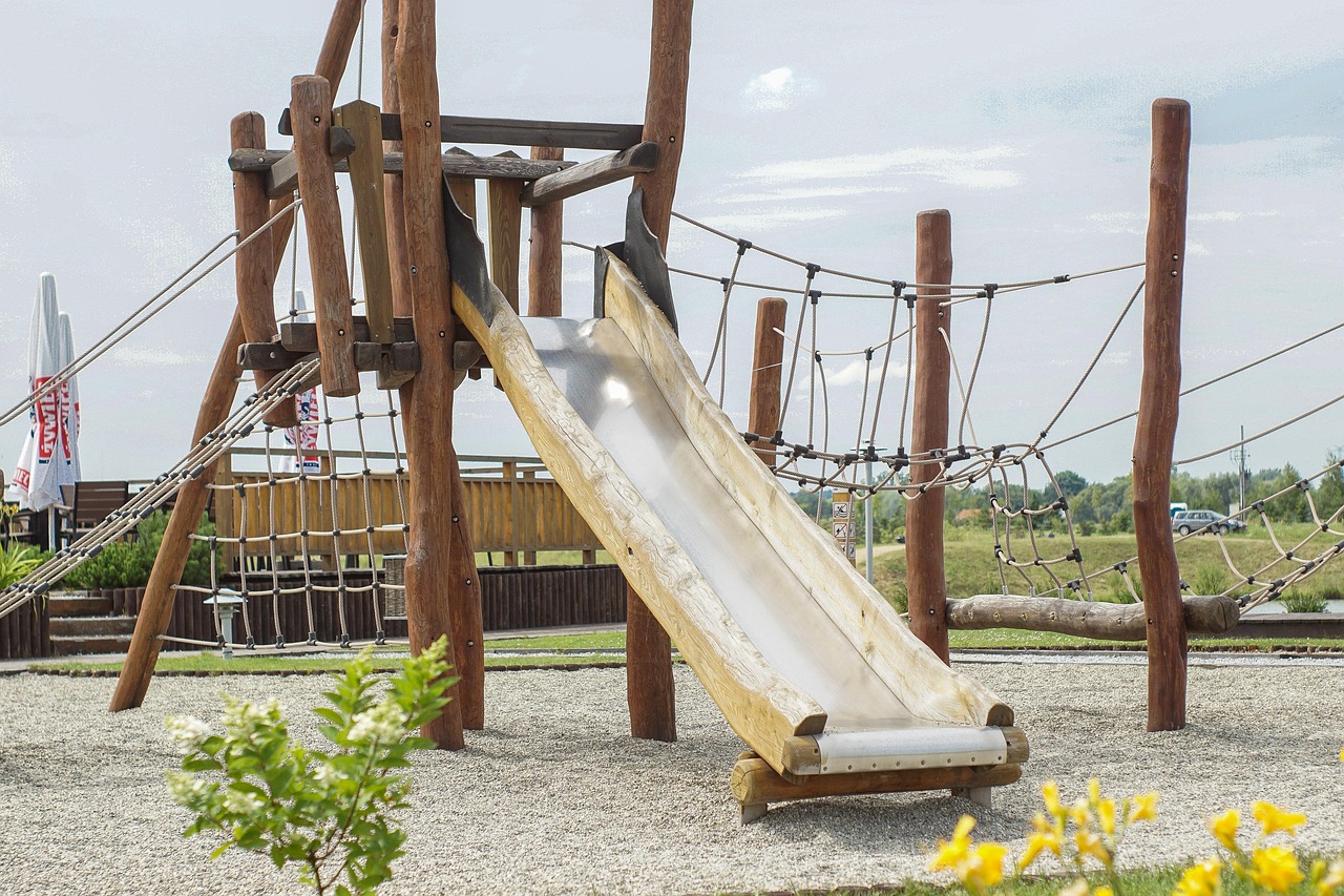 playground, nature, wooden, for children, slide, obstacle course, summer, game