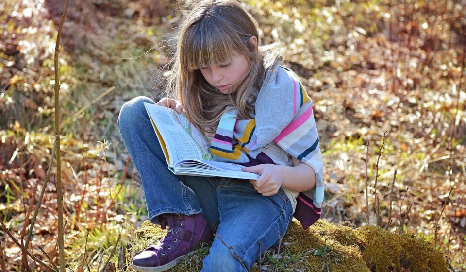 human, child, girl, sitting, blond, long hair, a book, read, look up, outdoors, nature
